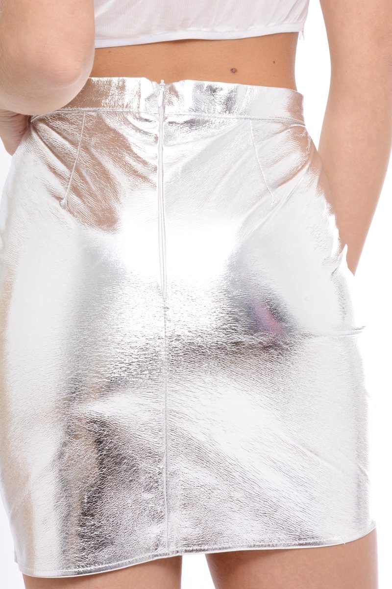 Silver Metallic PU skirt - Iris-Skirts