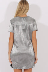 Silver Metallic Pleated Badge Tee Dress - Lili-Dresses