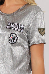 Silver Metallic Pleated Badge Tee Dress - Lili-Dresses