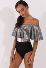 Silver Metallic Pleated Bardot Bodysuit - Aubree-Bodysuits