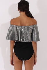 Silver Metallic Pleated Bardot Bodysuit - Aubree-Bodysuits