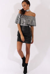 Silver Metallic Pleated Bardot Bodysuit - Aubree-Bodysuits