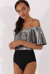 Silver Metallic Pleated Bardot Bodysuit - Aubree-Bodysuits