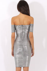 Silver Metallic Pleated Bardot V Front Midi Dress - Lucia-Dresses