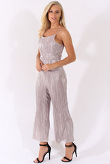 Silver Metallic Pleated Cropped Jumpsuit - Arabella-Jumpsuits