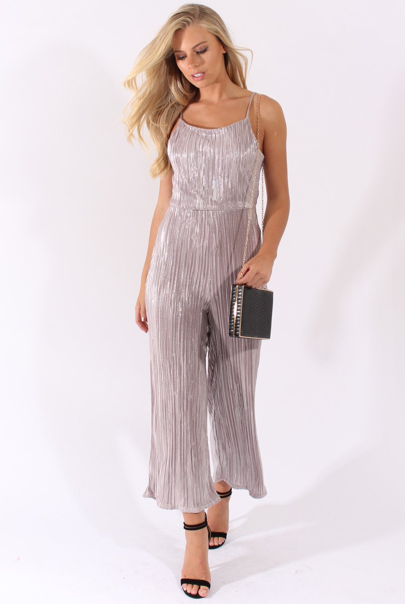 Silver Metallic Pleated Cropped Jumpsuit - Arabella-Jumpsuits