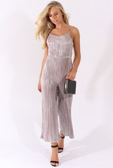 Silver Metallic Pleated Cropped Jumpsuit - Arabella-Jumpsuits