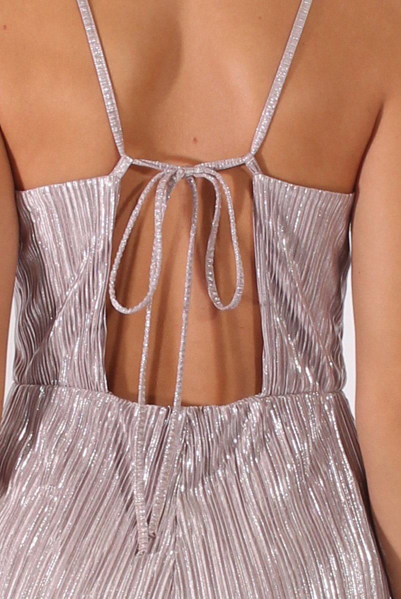 Silver Metallic Pleated Cropped Jumpsuit - Arabella-Jumpsuits