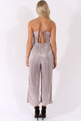 Silver Metallic Pleated Cropped Jumpsuit - Arabella-Jumpsuits