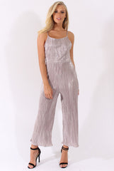 Silver Metallic Pleated Cropped Jumpsuit - Arabella-Jumpsuits