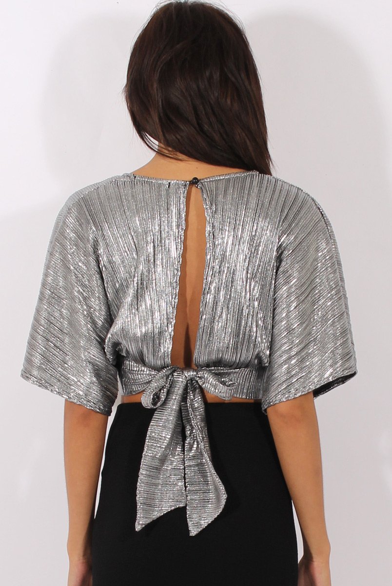 Silver Metallic Pleated Open Back Crop Top - Mariah-Crop Tops