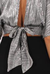Silver Metallic Pleated Open Back Crop Top - Mariah-Crop Tops