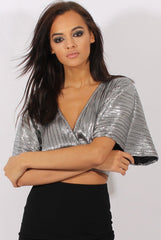 Silver Metallic Pleated Open Back Crop Top - Mariah-Crop Tops