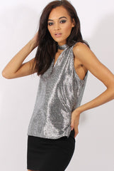 Silver Metallic Shimmer High Neck Cut Out Front Top - Fridya-Tops