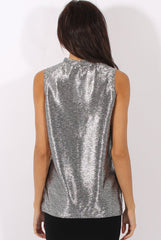 Silver Metallic Shimmer High Neck Cut Out Front Top - Fridya-Tops