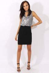 Silver Metallic Shimmer High Neck Cut Out Front Top - Fridya-Tops