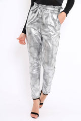 Silver Metallic Tie Waist Trousers - Brigette-Trousers