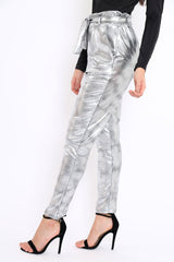 Silver Metallic Tie Waist Trousers - Brigette-Trousers