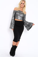 Silver Metallic Tiered Flared Sleeves Bardot Crop Top - Karie-Tops