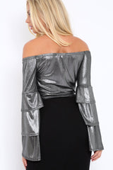 Silver Metallic Tiered Flared Sleeves Bardot Crop Top - Karie-Tops