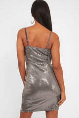 Silver Metallic Wrap Front Bodycon Mini Dress - Garnett-Dresses