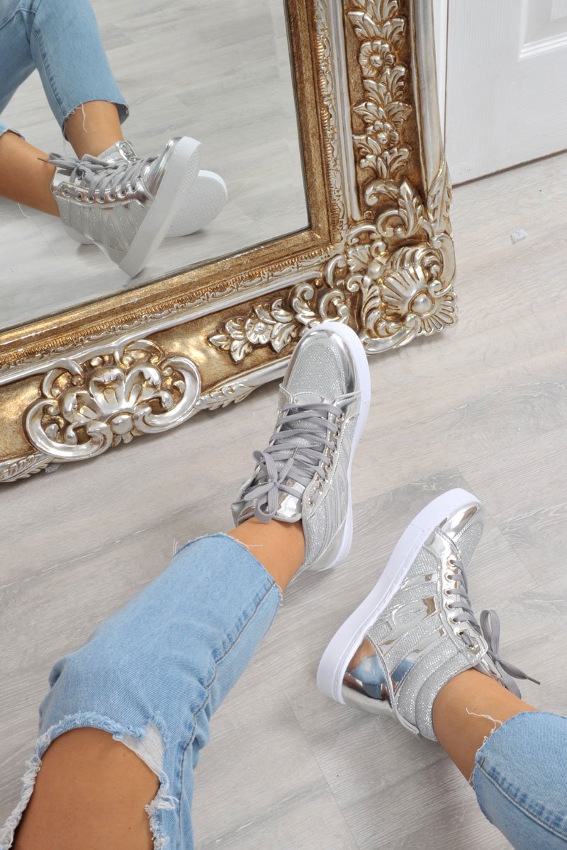 Silver Metallic and Shimmer Effect High Top Lace Up Trainers - Dessie-Trainers