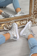 Silver Metallic and Shimmer Effect High Top Lace Up Trainers - Dessie-Trainers