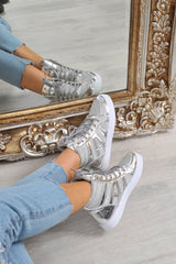 Silver Metallic and Shimmer Effect High Top Lace Up Trainers - Dessie-Trainers
