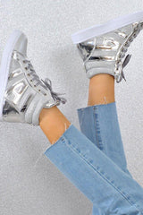 Silver Metallic and Shimmer Effect High Top Lace Up Trainers - Dessie-Trainers