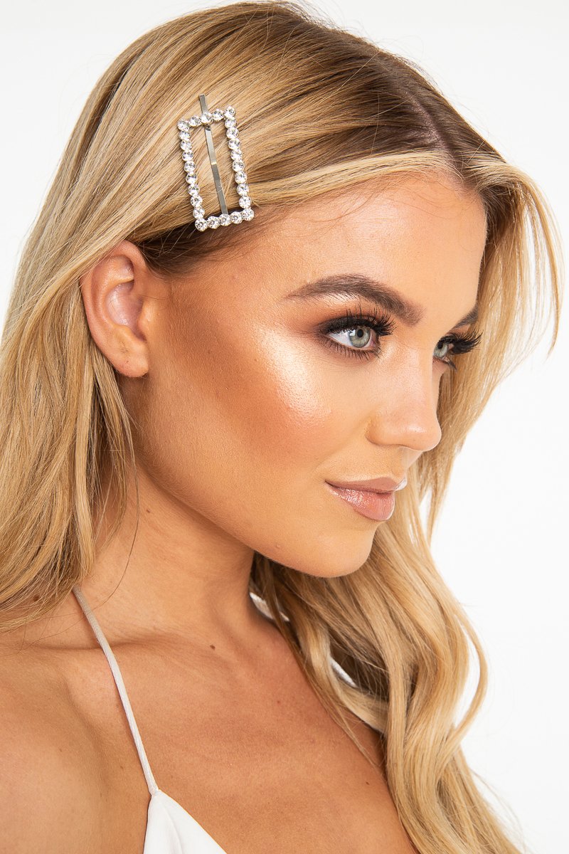 Silver Rectangle Diamante Detail Barrette - Bianca-Hair