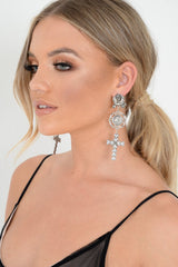 Silver Rose Pearl Coin Cross Drop Earrings - Calavera-Jewellery