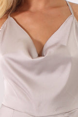 Silver Satin Cowl Neck Playsuit - Kasia-Playsuits