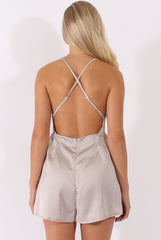 Silver Satin Cowl Neck Playsuit - Kasia-Playsuits