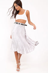 Silver Satin Pleated Midi Skirt - Kelyn-Skirts