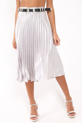 Silver Satin Pleated Midi Skirt - Kelyn-Skirts