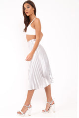 Silver Satin Pleated Midi Skirt - Kelyn-Skirts