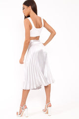 Silver Satin Pleated Midi Skirt - Kelyn-Skirts