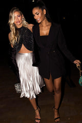 Silver Satin Pleated Midi Skirt - Kelyn-Skirts