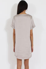 Silver Satin Zip Tee Dress - Valeria-Dresses