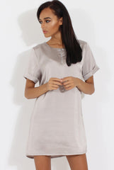 Silver Satin Zip Tee Dress - Valeria-Dresses