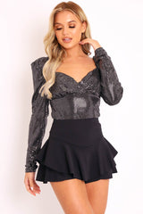 Silver Sequin Shoulder Pad Plunge Top - Fotini-Tops