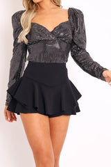 Silver Sequin Shoulder Pad Plunge Top - Fotini-Tops