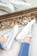 Silver Shiny Double Zip Front Slide On Trainers - Sisley-Trainers