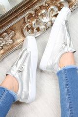 Silver Shiny Double Zip Front Slide On Trainers - Sisley-Trainers