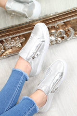 Silver Shiny Double Zip Front Slide On Trainers - Sisley-Trainers