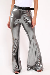 Silver Shiny Metallic High Waist Kick Flare Trousers - Islee-Trousers