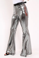 Silver Shiny Metallic High Waist Kick Flare Trousers - Islee-Trousers