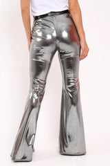 Silver Shiny Metallic High Waist Kick Flare Trousers - Islee-Trousers