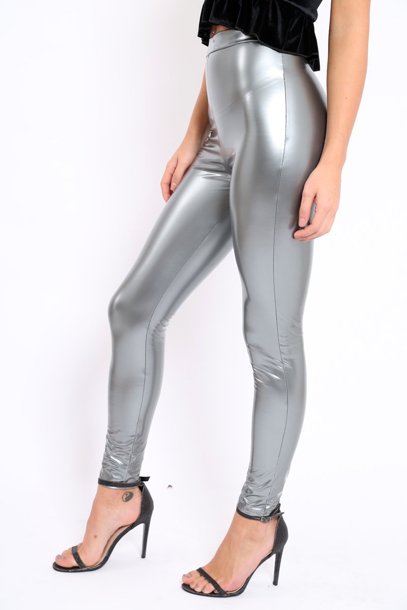 Silver Shiny Vinyl PU Leggings - Rio-Trousers