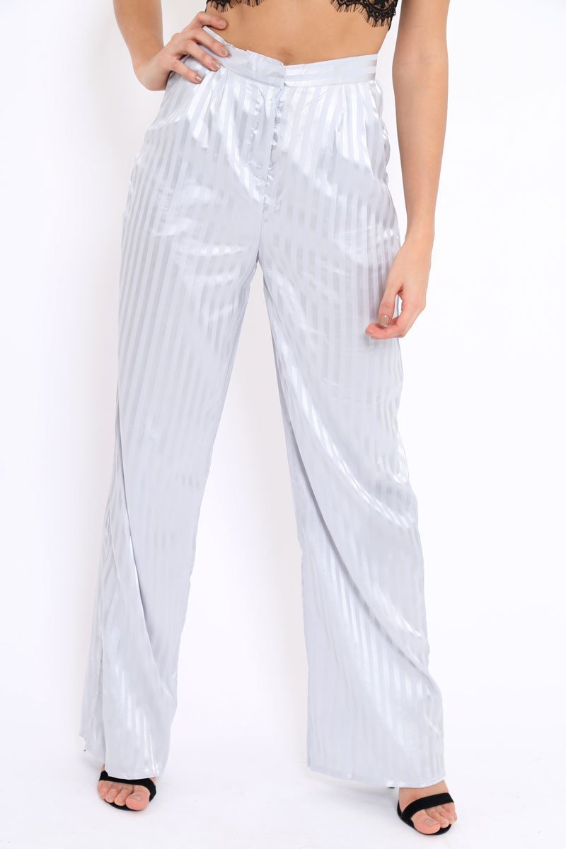Silver Silky Striped Trousers - Rhiannon-Trousers